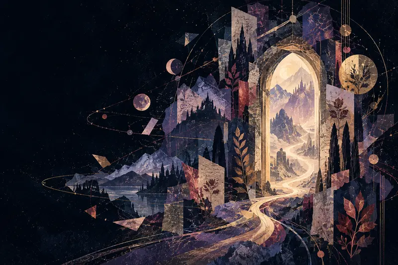 Violet mountain-court fragments and rose-gold reading routes leading through a glowing stone arch