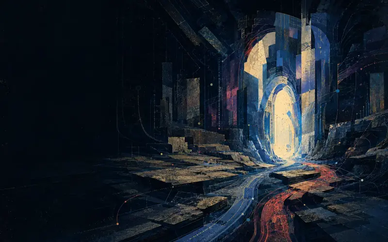 An original industrial extraterrestrial archive where two survival routes converge at an eerie illuminated gateway