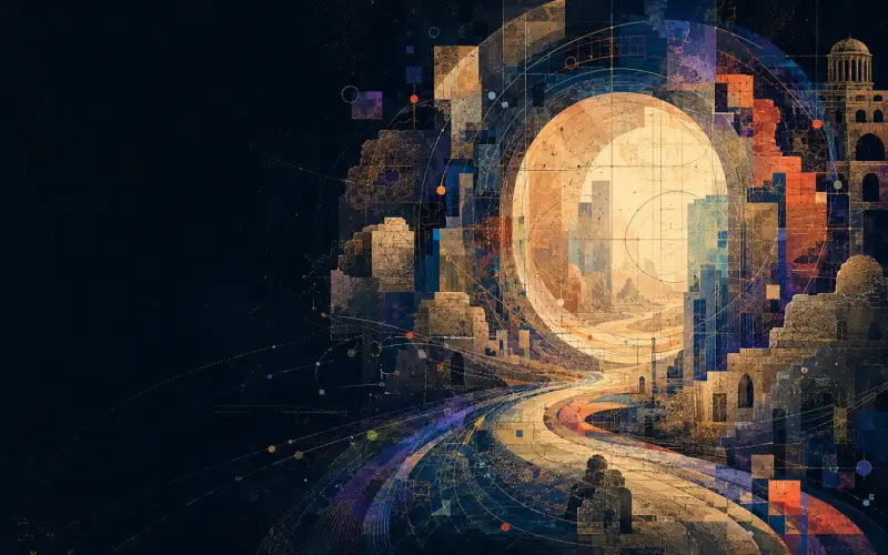 An original historical memory archive where layered eras and synchronized routes meet at a circular light threshold