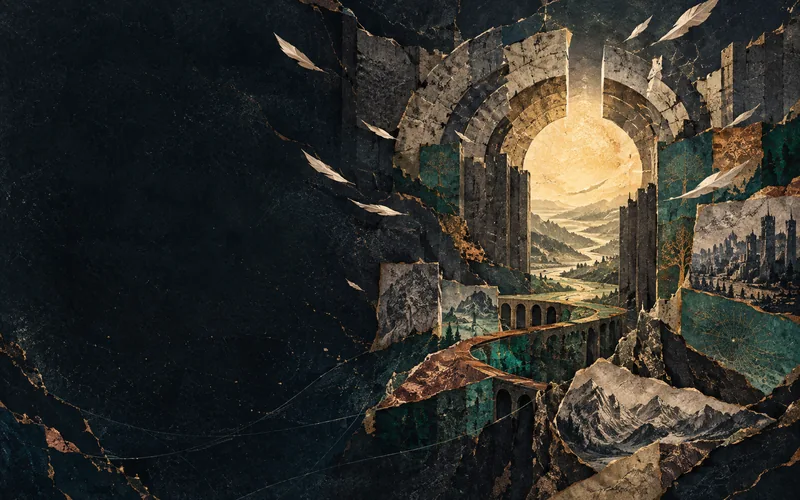 A broken concentric-wall gateway with weathered stone, copper paths and emerald archive layers