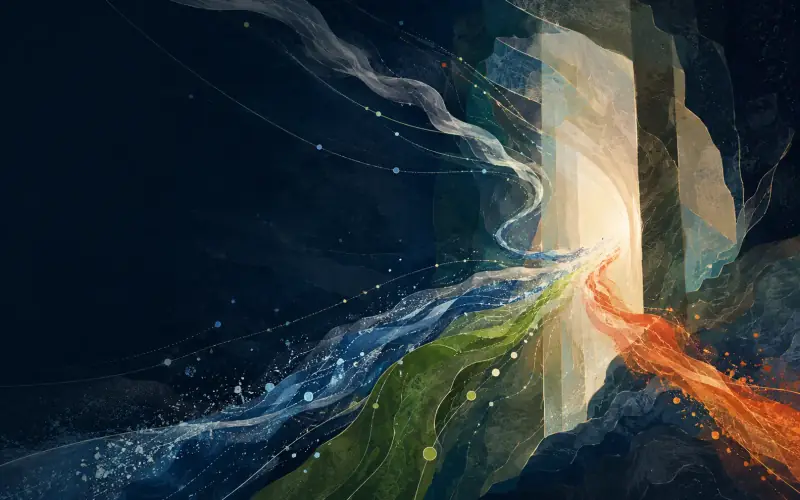 An original deep-time archive where one travelling story thread passes through wind, water, mineral and ember-like eras before entering a luminous gateway