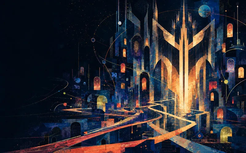 A textured gothic Gotham portal with copper detective routes and cobalt archival towers