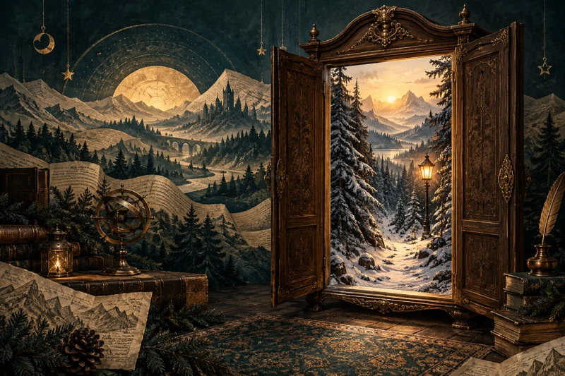 A carved wardrobe opening into snow-covered woods beside a glowing lamppost