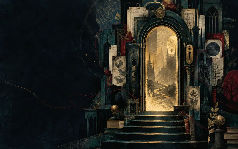 A gothic case-file doorway with antique brass, dark teal layers and ghostly gold light