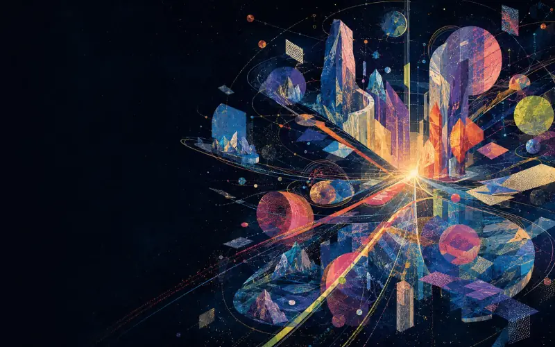 An original crystalline multi-world archive linked by intersecting energy routes and a bright threshold