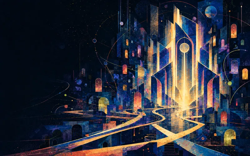 An original midnight animation archive of layered city silhouettes, broadcast frames and branching blue story routes converging on a luminous future gateway