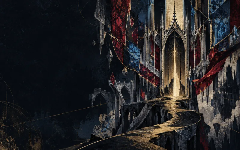 A gothic portal with crimson and cobalt stained-glass fragments