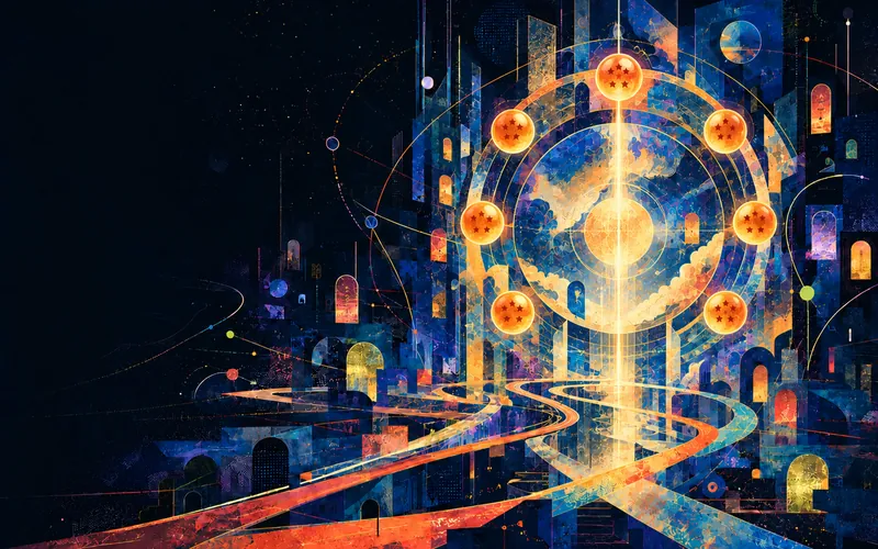 A radiant celestial portal surrounded by amber orbs and blue and orange story ribbons