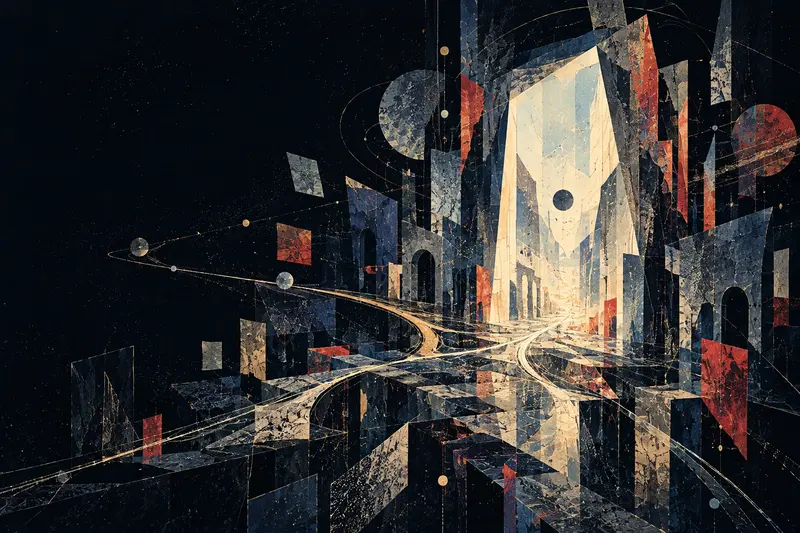 Fractured paper architecture and three divergent routes meeting at an unsettling pale threshold
