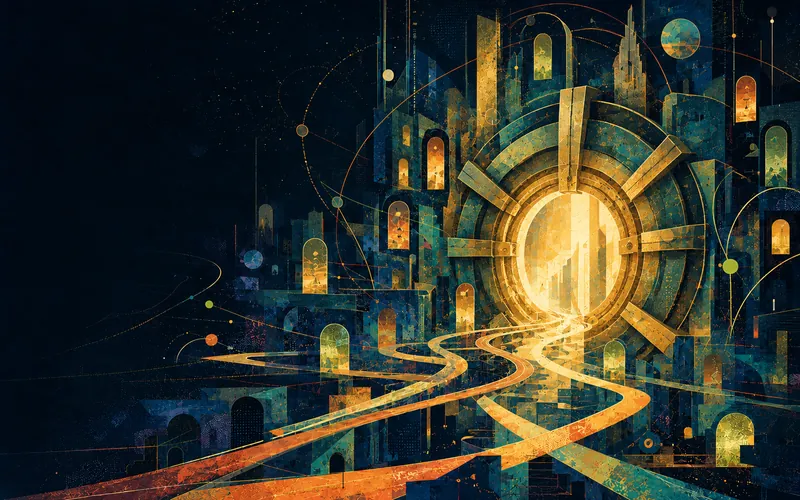 A luminous segmented vault portal surrounded by teal and gold atomic-age archive fragments and winding story paths