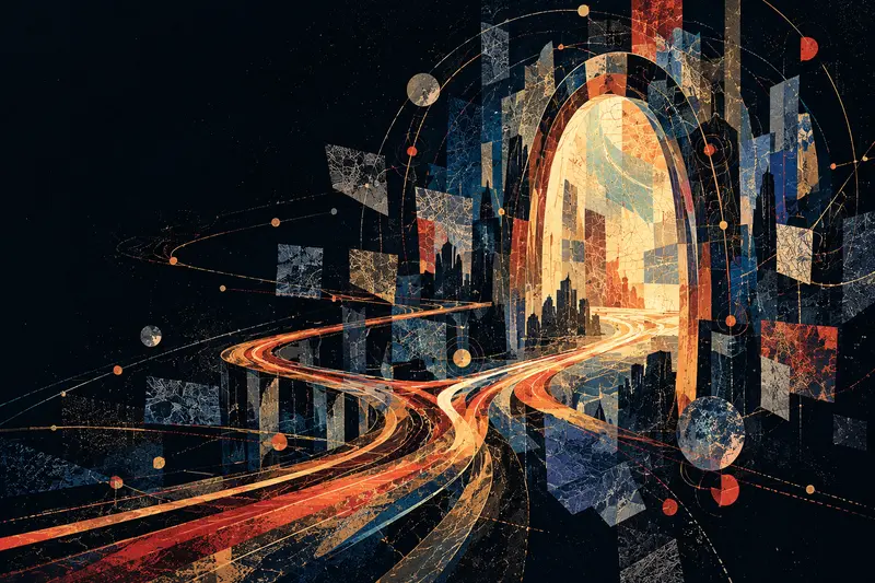 Copper routes loop through a dark city archive into an illuminated gateway