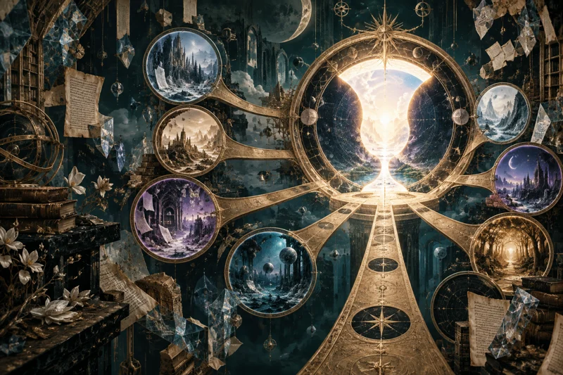 A celestial Grail portal with branching gold paths to separate worlds