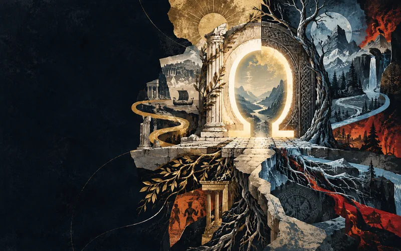 A luminous Greek and Norse gateway with marble, roots and frost-blue paths