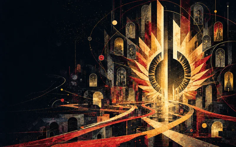 A split sunburst arena portal with gold geometric feathers and ember story routes
