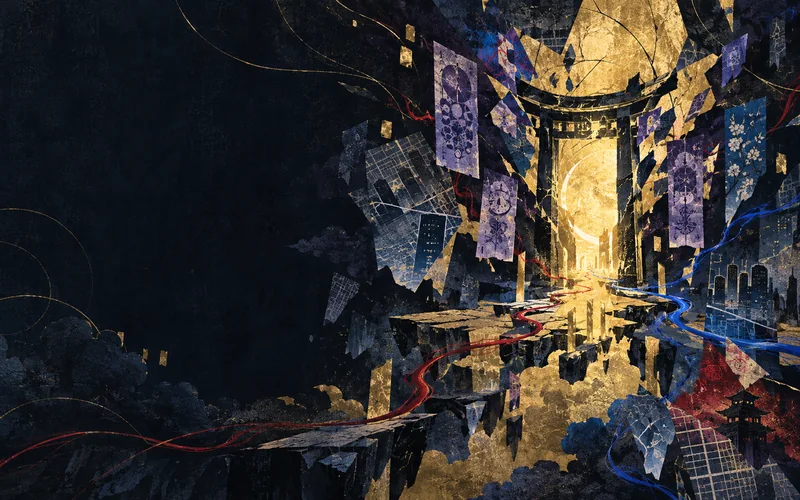 A fractured violet shrine portal with talisman layers and cobalt and scarlet threads
