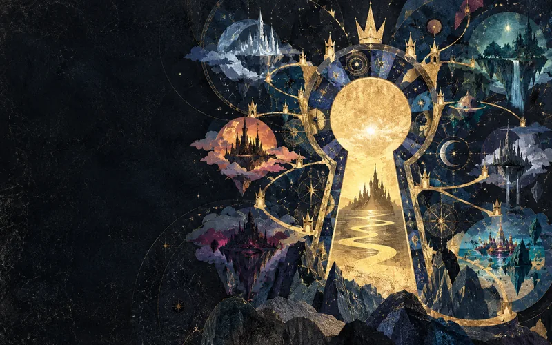 A golden keyhole gateway opening onto a mosaic of celestial worlds