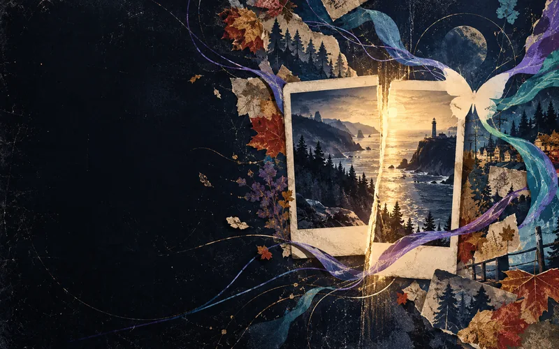 A split photographic portal with coastal hills and autumn time ribbons