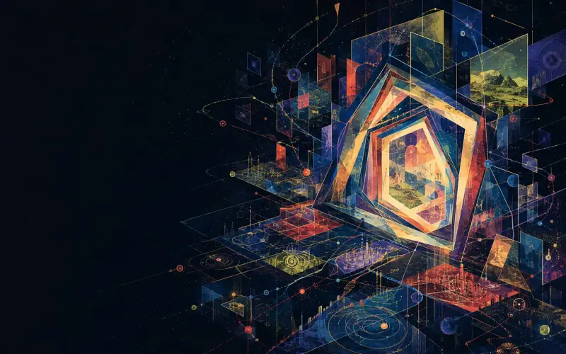 An original abstract multiverse archive with branching story routes converging at a luminous threshold