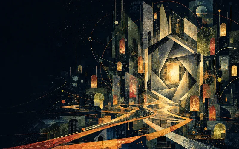 An angular mechanical iris with olive archive panels and amber tactical routes