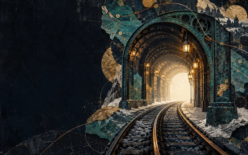 An iron railway tunnel with teal layers and copper rails