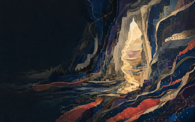An original legendarium archive of mountain strata, old forests and illuminated journeys entering an ancient threshold