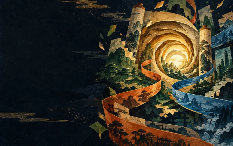 An amber spiral-scroll gateway with village silhouettes and orange and blue story ribbons