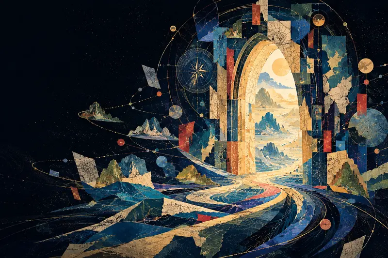 An abstract maritime archive of ocean routes and island fragments leading to a luminous threshold