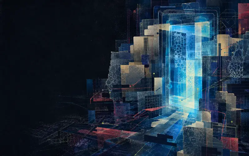 An original clinical evidence archive with fractured city routes converging on a cold containment gateway