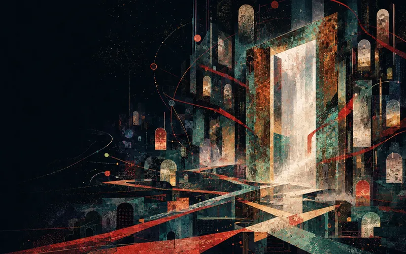A corroded double-world threshold in copper and teal with pale mist and red story ribbons