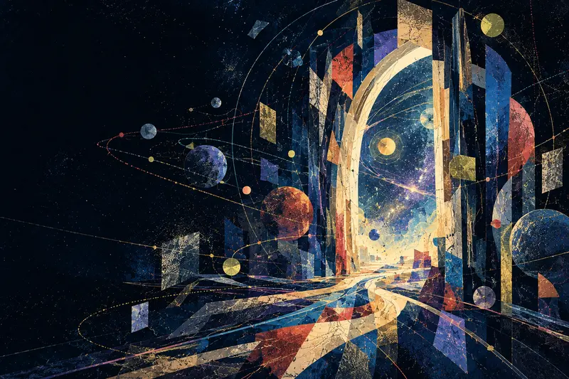 A dark interstellar archive with layered eras and branching paths toward a bright star gate