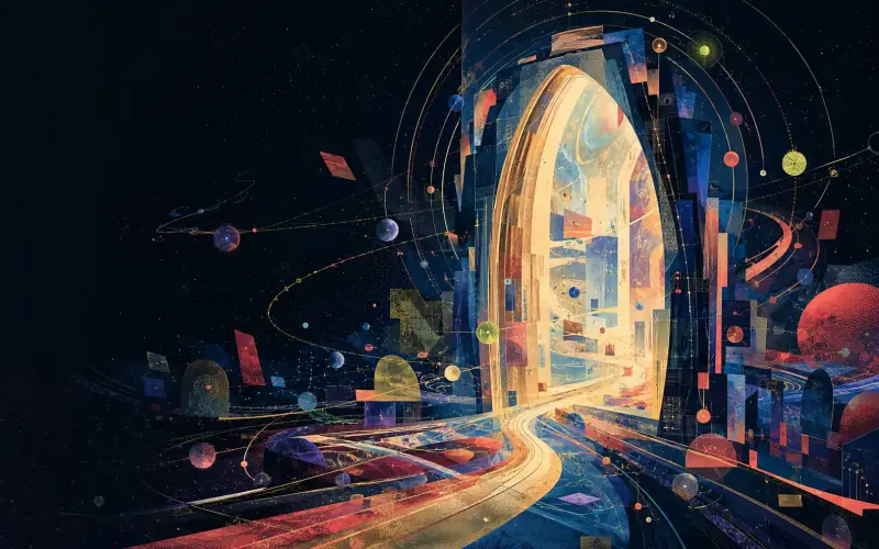 An original luminous archive portal surrounded by intersecting story routes and abstract worlds
