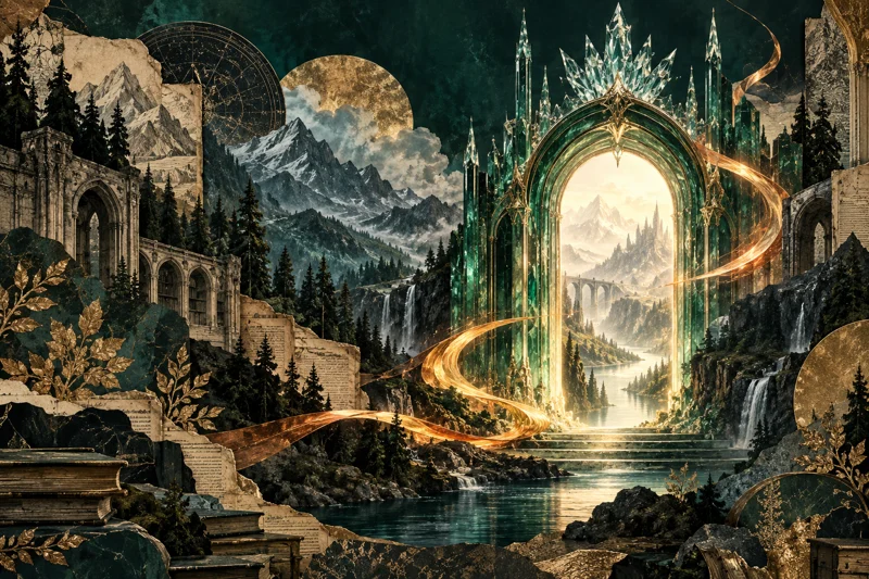 An emerald glass castle gateway with a crystalline crown and golden flame ribbons