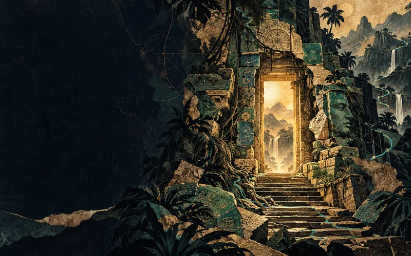 A jade and sandstone archaeological gateway framed by jungle vines