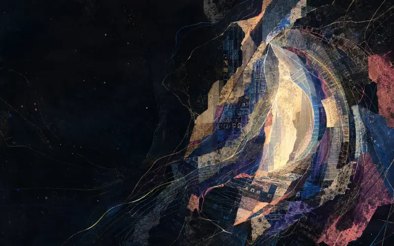 An original woven archive of repeating ages with history threads gathering at an asymmetric luminous gateway