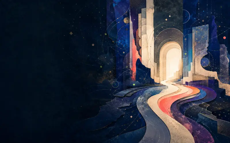 An original celestial manuscript archive with moving paper layers and story paths gathering at a warm threshold