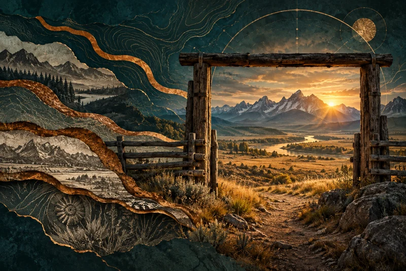 A timber ranch gateway framing Montana mountains and amber prairie